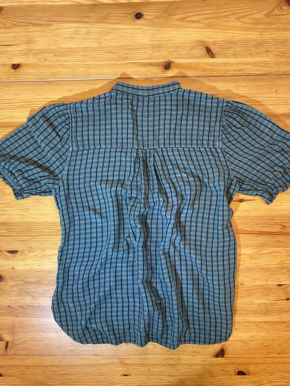 Cloth & Stone Puff-Sleeve Linen Blend Buttondown Gingham Top Dark Green Size S - Picture 8 of 11
